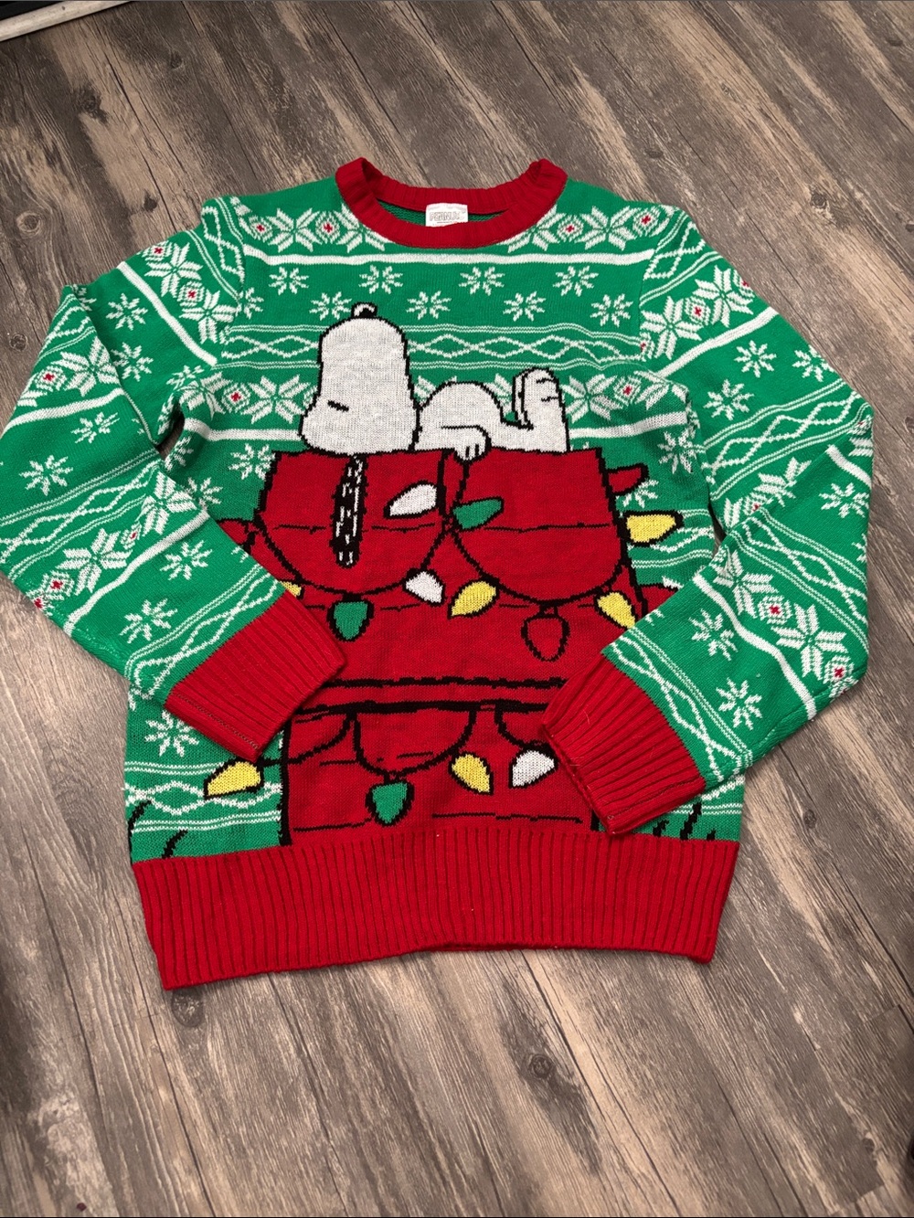 Peanuts Green & Red Crewneck Sweater with Snoopy on Doghouse